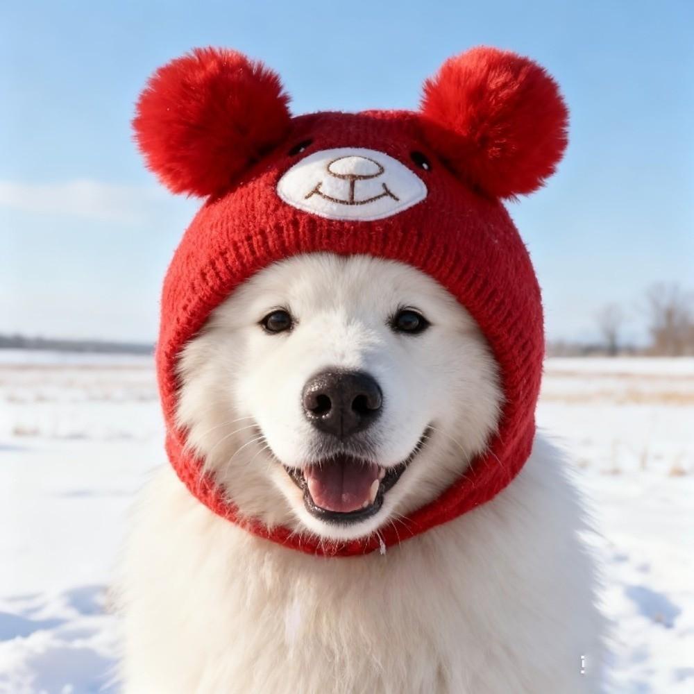 Soft Knitted Dog Ear Scarf Cute Bear Ears Non-Slip Snug Fit Dog Headgear Velvet Material Cotton Knitted Windproof Pet Hat