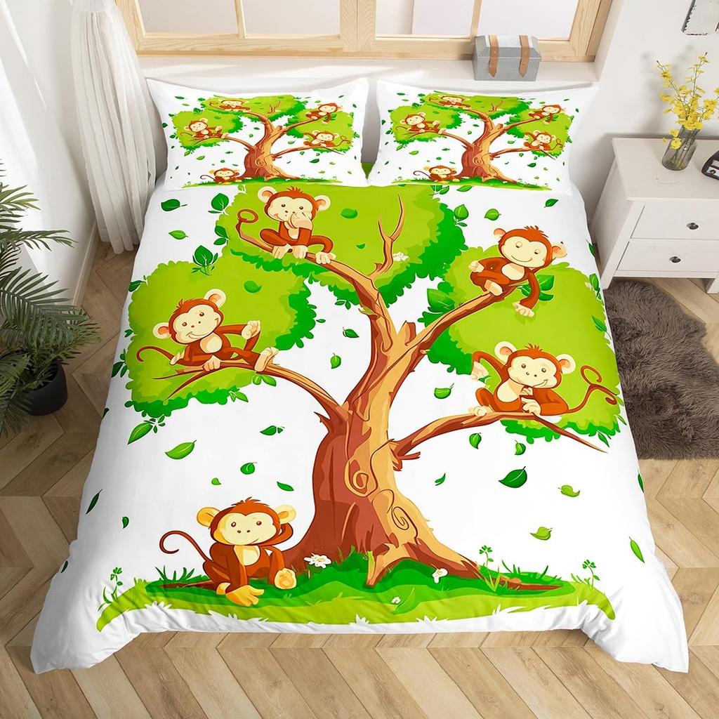 Cute Monkey Bedding Set Full Twin Cartoon Banana Stars Duvet Cover Tropical Wild Animal Fruit Comforter Cover Yellow Quilt Cover