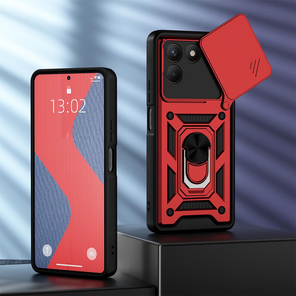 KEYSION Shockproof Armor Case for TECNO POVA 7 4G Slide Camera Lens Protection Metal Ring Stand Phone Back Cover for TECNO Pova7