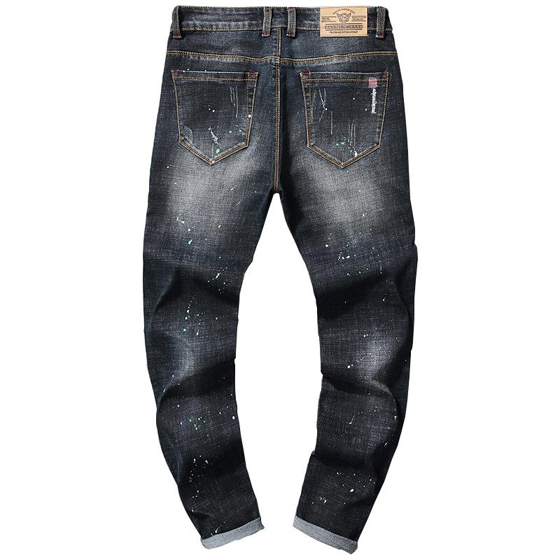 2024 Men'S Perforated Embroidery Slim Fit Elastic Small Straight Leg Jeans Men'S Paint Spray Paint Adhesive Cloth Pants