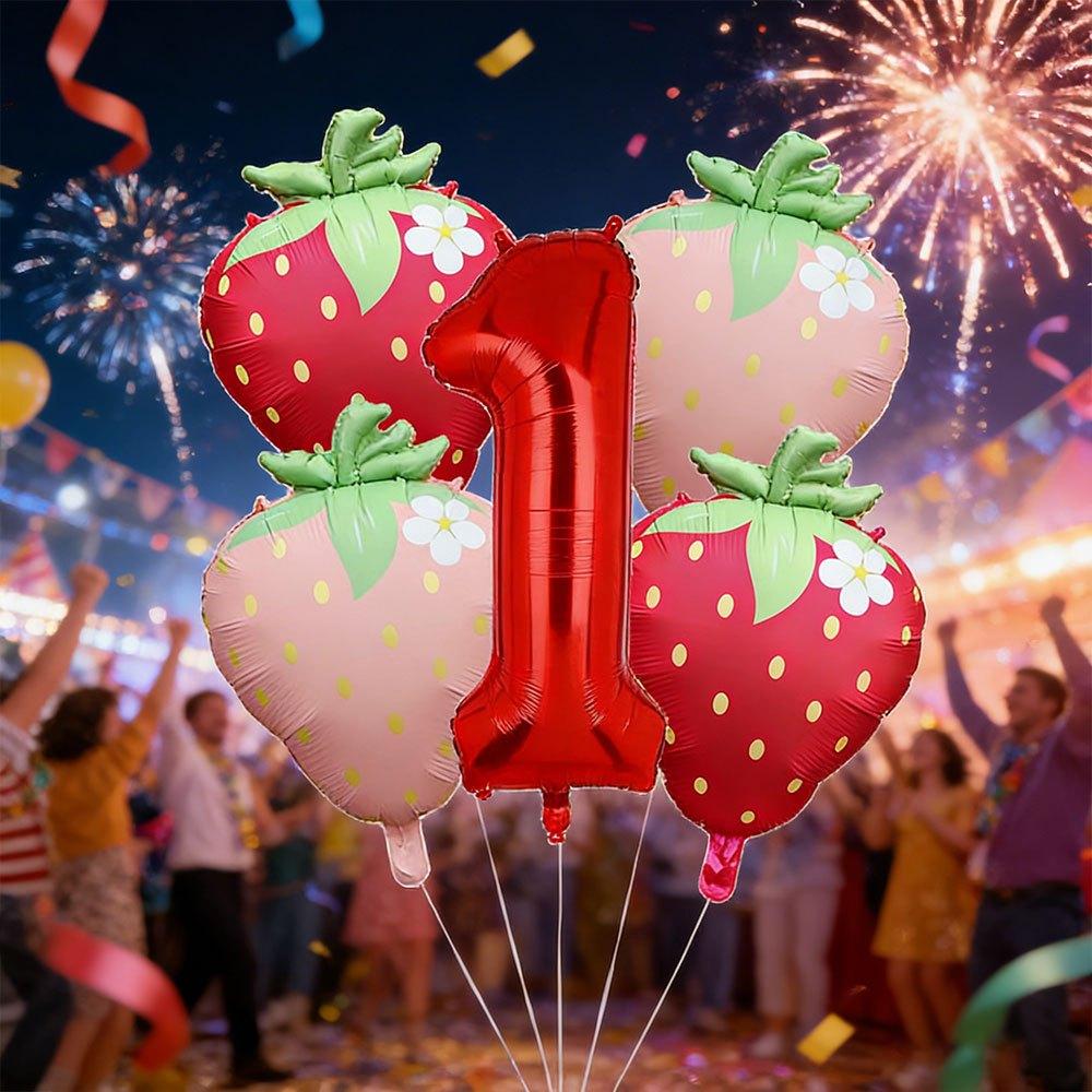 5pcs Red Pink Strawberry Balloons 32 Inch Number 1 Birthday Balloon Set 1st Celebrations Baby Shower Decoration Photo Props