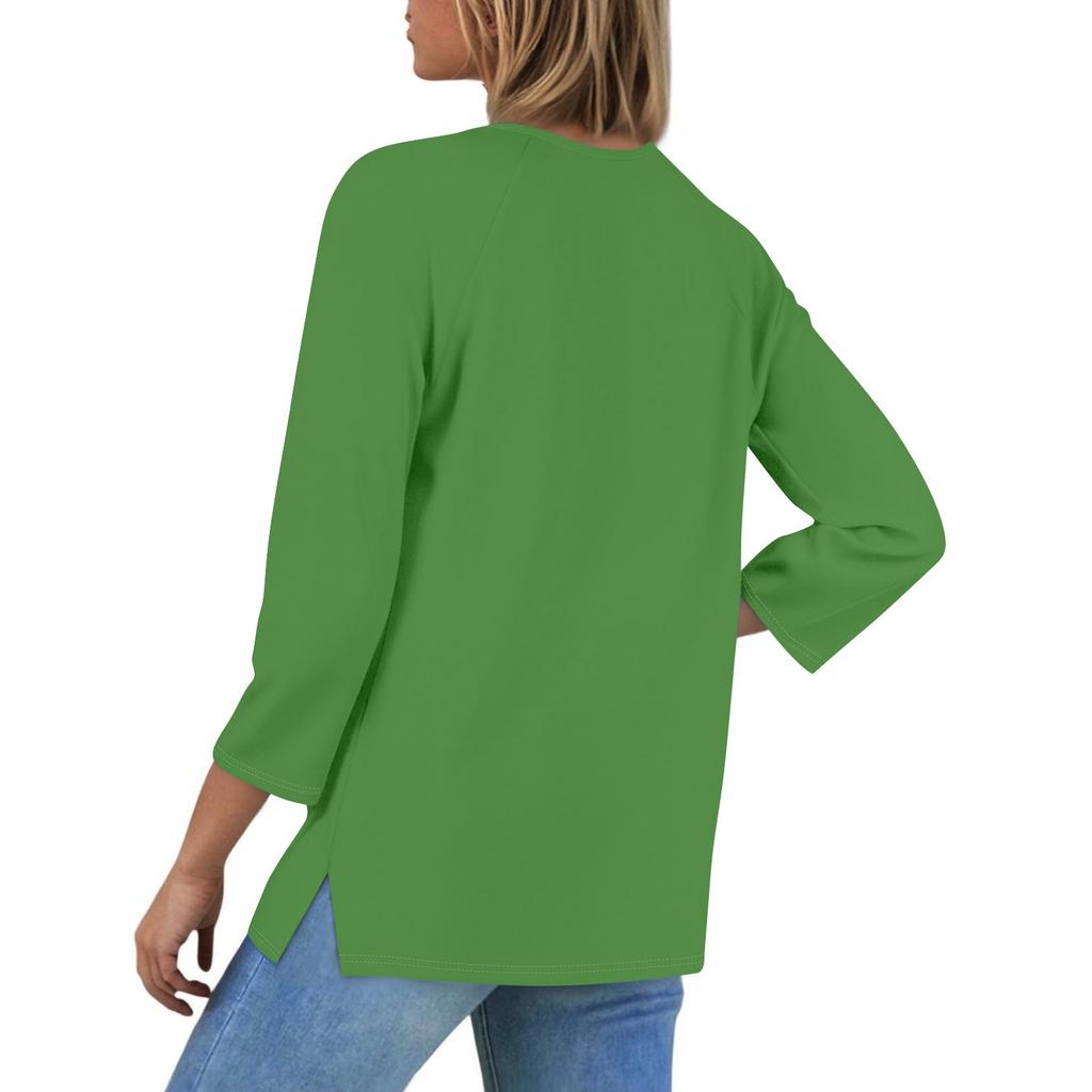 Ladies Casual Fashion V-neck Loose Versatile Color Printed Three-quarter Sleeves