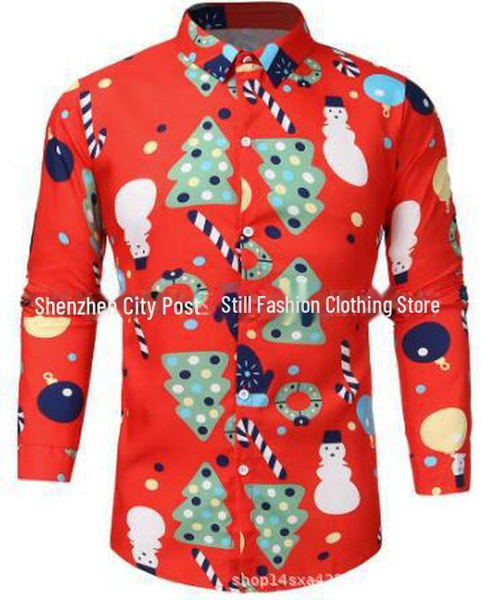 2022 European & American Men's Santa Claus Print Long Sleeve Casual Shirt - 18 Colors