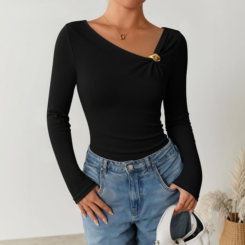 Women's Casual Asymmetric Neckline Pleated Slim Fit Layering Top
