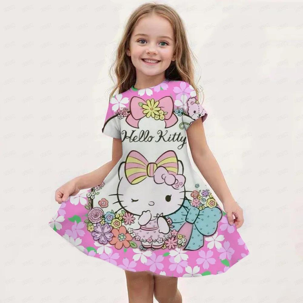 New Summer Girls Dress Fashion Cartoon Cute Cinnamoroll &Hello Kitty 3D Printing Dresses Kids Short Sleeve Princess Clothing