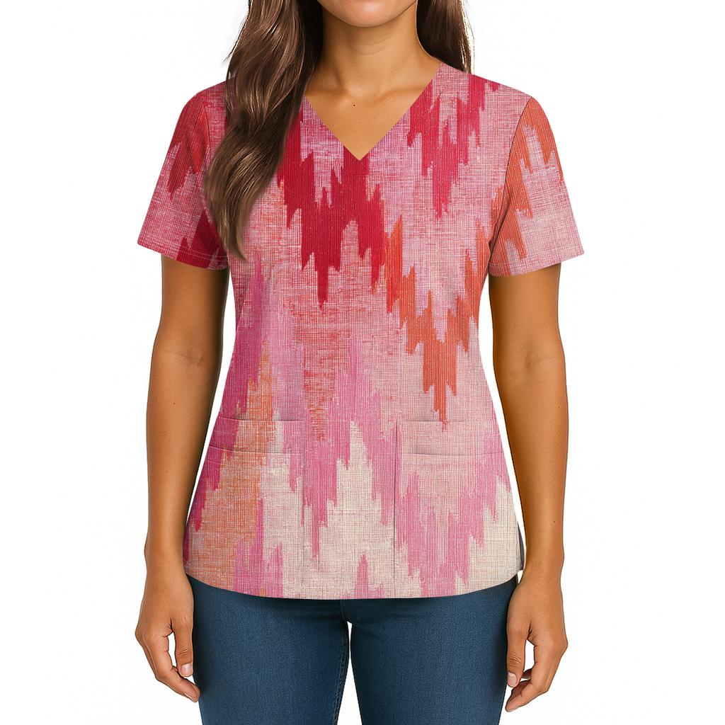 Women's Gradient Print V-Neck Double Pocket Short Sleeves Hem Slit Uniform Caregiver Top