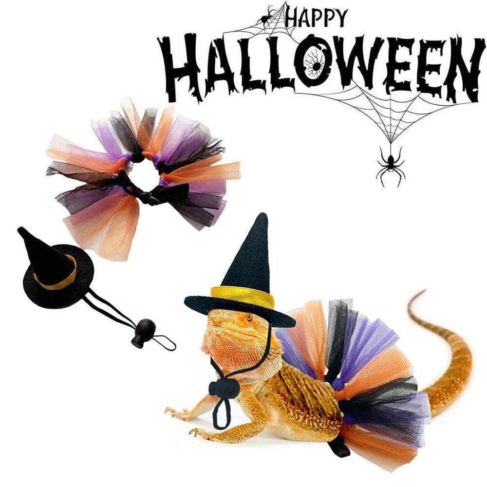 Funny Mini Pet Halloween Costume Comfortable Soft Lizard Witch Costume Set Adjustable Hat Tutu Skirt Halloween Lizard Clothes