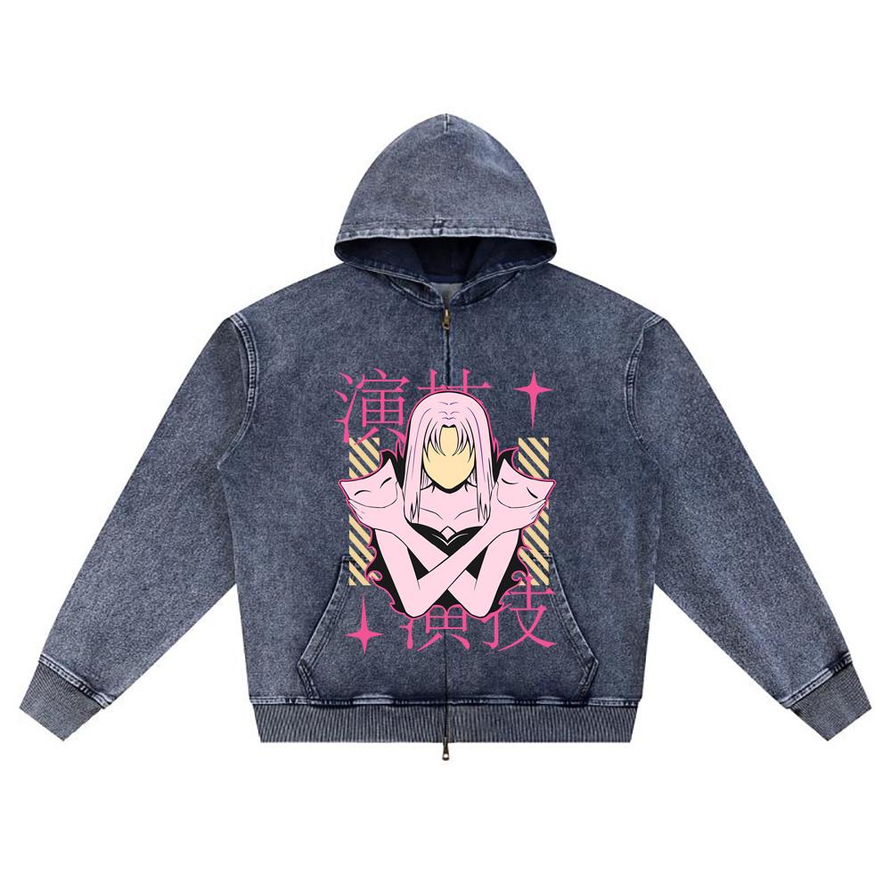 DTG Print Knitted Denim Zip-Up Hoodie Anime Streetwear 19 Brother Print Zipper Hoodies