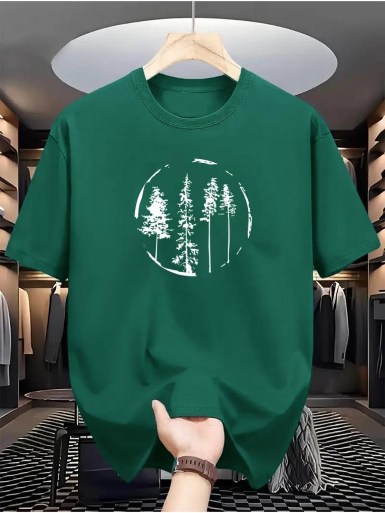 Camiseta deportiva de verano para hombre, 100% algodón, moderna, informal, holgada, con estampado de patrón de árboles del bosque, cuello redondo, manga corta
