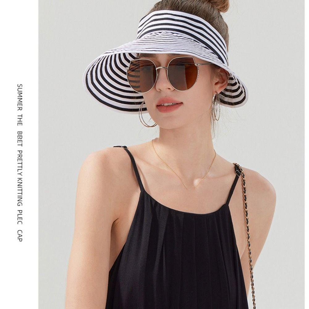 Wide Brim Summer Sun Hats Anti-UV Sun Protection Cap Fashion Stripe Empty Top Hat  Camping