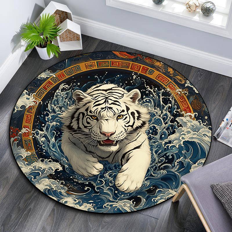 Tiger in Waves Round Area Rug,Carpet Rug for Living Room Bedroom Sofa Playroom Decor,Non-slip Floor Mat
