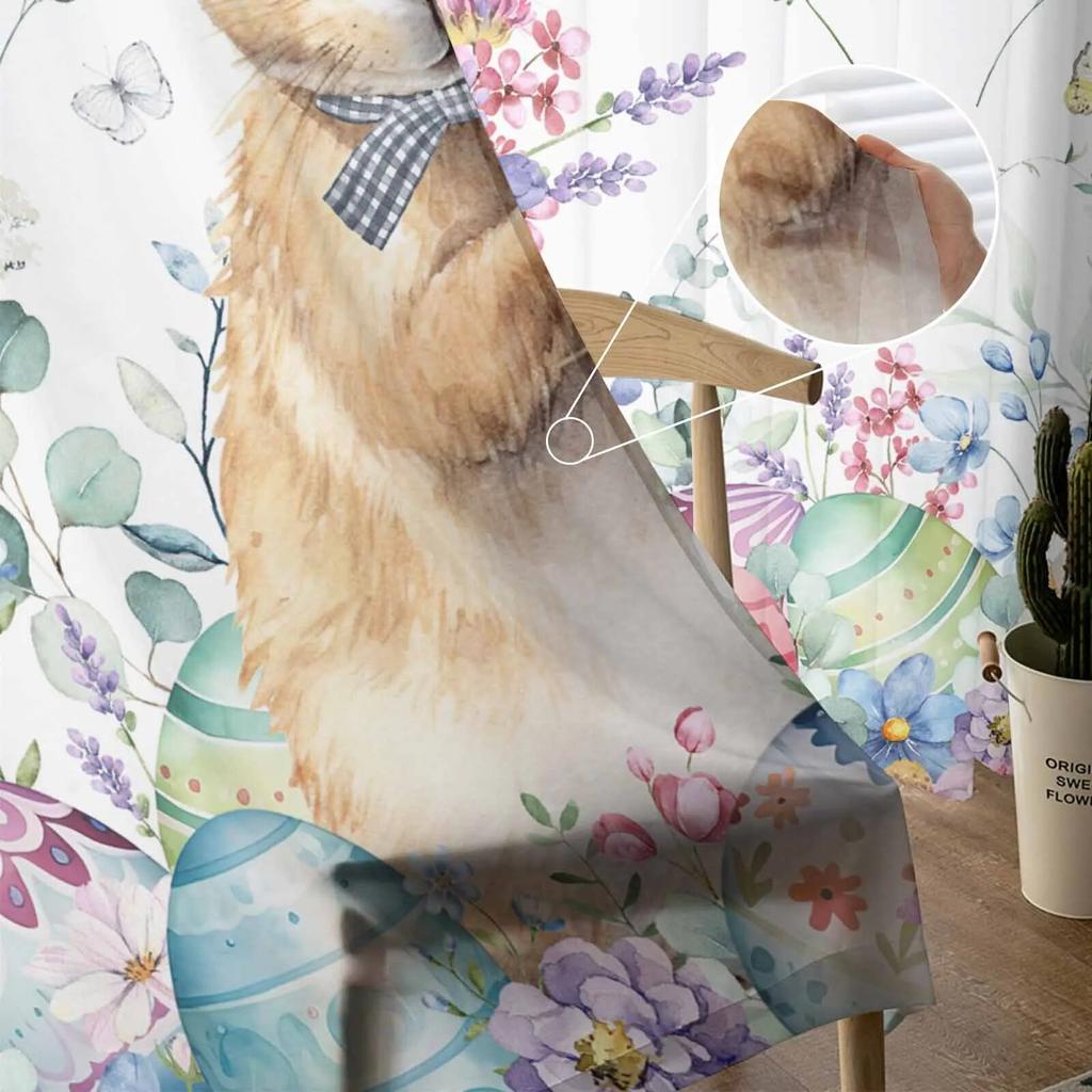 Ostereier, Hase, Blumen, Tüllvorhänge für Wohnzimmer, durchsichtiger Vorhang für Schlafzimmer, Küche, Jalousien, Voile-Vorhänge