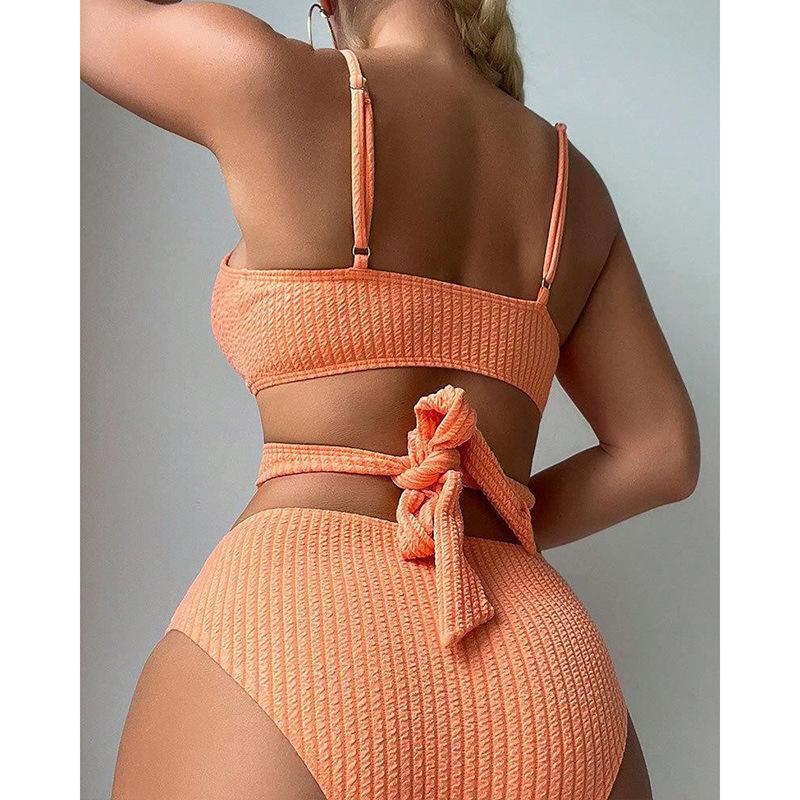 Women's 2 Piece Ribbed Bikini Set New Solid Color Wrap Cross Front Tie Back High Waisted Sexy Spaghetti Strap Summer Beach Swimwear