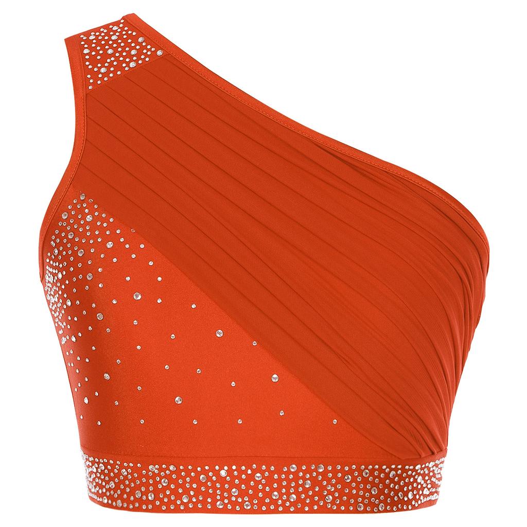 Women's Lyrical Dance Crop Top S-XXL: One Shoulder Ruched Mesh Overlay Rhinestone Design for Modern Dance Performance