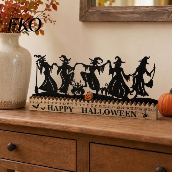 Rustic Wooden Table Decor Halloween Dancing Witch Countdown Ornament, Home Classic Retro for Office Party Centerpiece, Spooky Haunted House