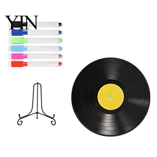 Reusable Drawing Surface Vinyl Record DIY Graffiti Clock Ornament, Blank Acrylic Retro Tabletop Wall Desktop Display Stands Decor with Stand,