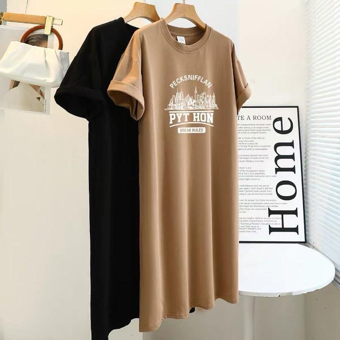 Large size women's clothing Korean lazy style t-shirt dress summer fat mm belly cover and thin small person knee long skirt
