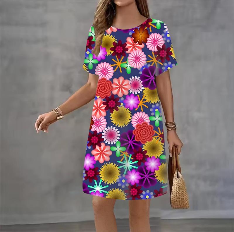 Fashion 3D Print Summer Dress Loose Casual Short Sleeve O-Neck Mini Dress