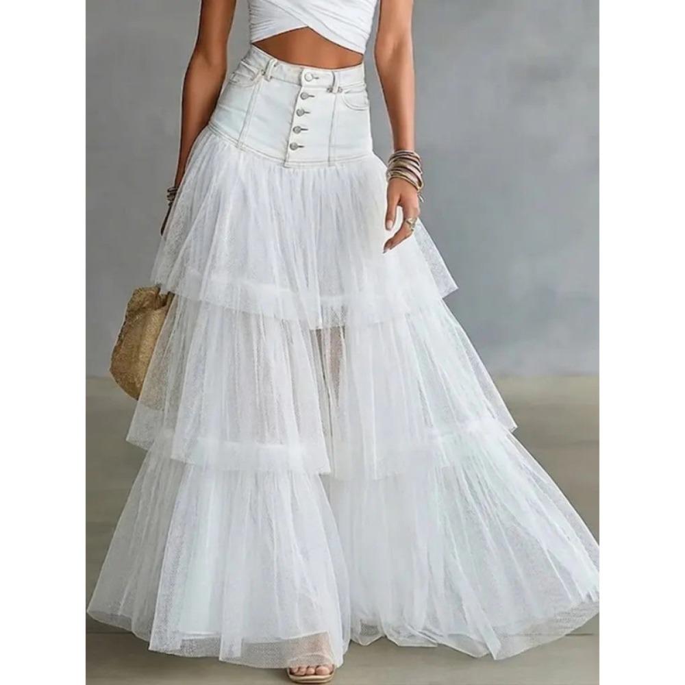 Women's High Waist A-Line Maxi Skirt Tiered Tulle Layered Skirt Elegant Casual Long Skirt