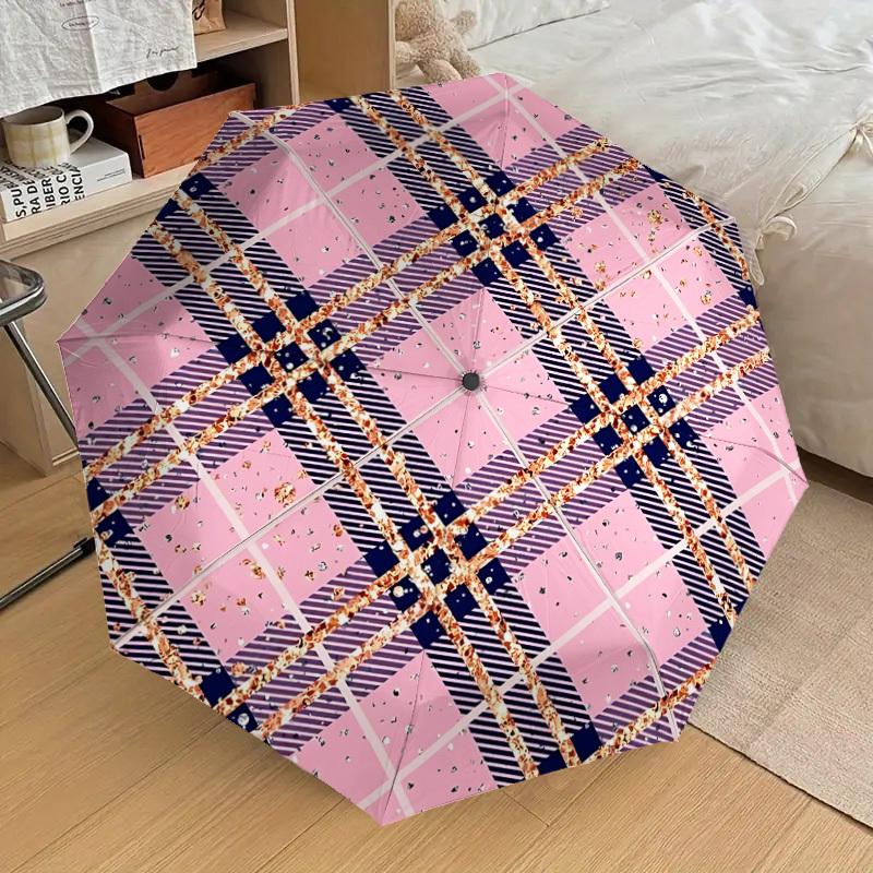 

1pc Pink Plaid Pattern Automatic Folding Umbrella, 8 Ribs Iron Frame, Suitable for Outdoor Travel and Daily Use yy251120195