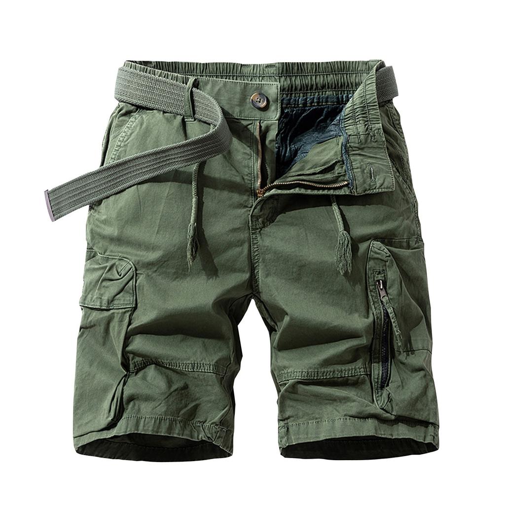 Men's Solid Color Work Pants, Cotton Five Quarter Pants, Retro Washed Multi Pocket Straight Leg Work Pants