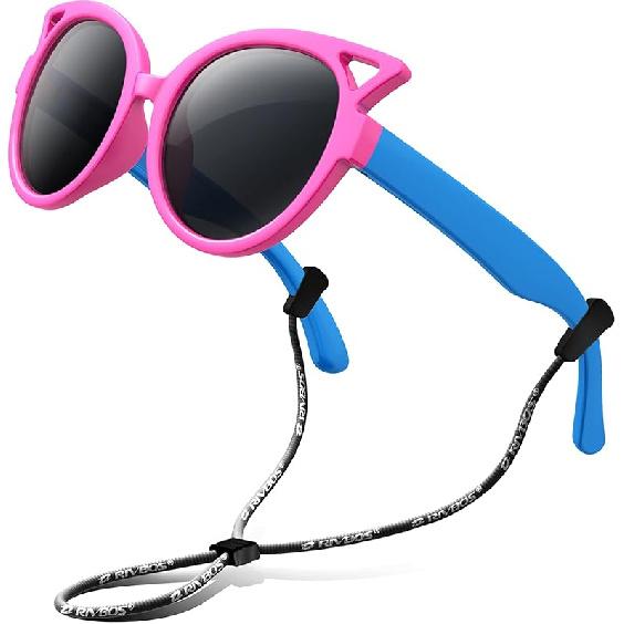RIVBOS Kids (Age 3-8) Sunglasses for Girls Boys with Strap Polarized UV Protection Flexible Rubber Shades RBK002 Black Polarized