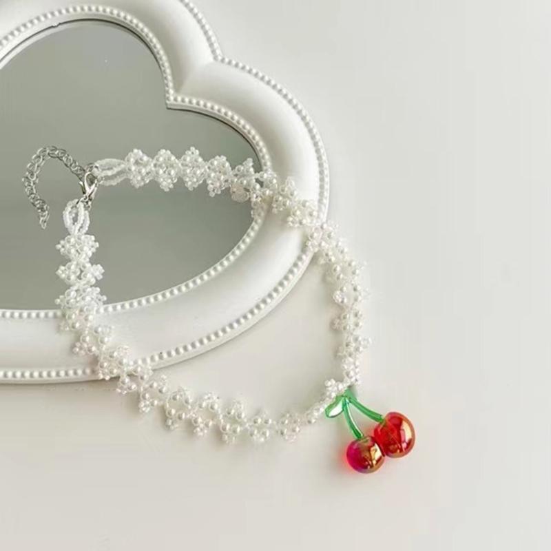 Fashion Cherry Strawberry Pendant Necklace Sweet Double Layer Pearl Clavicle Chain Choker Necklace Jewelry Neck Chain