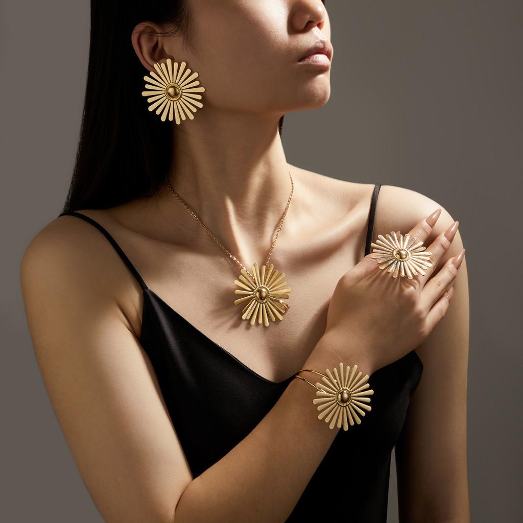 Eyecatching Sunflower Gold Jewelry Collection Featuring Necklace Bracelet Ring Earrings And