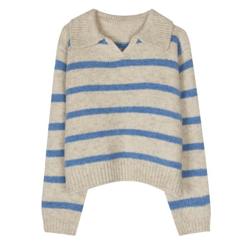 Korean Color Block Stripe Lapel Knit Sweater for Women - 2026 Autumn/Winter Collection