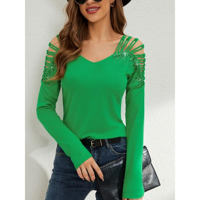 

YYFS женские модные повседневные весенне-осенние однотонные блузки и рубашки с длинным рукавом и v-образным вырезом с принтом XL зелёный