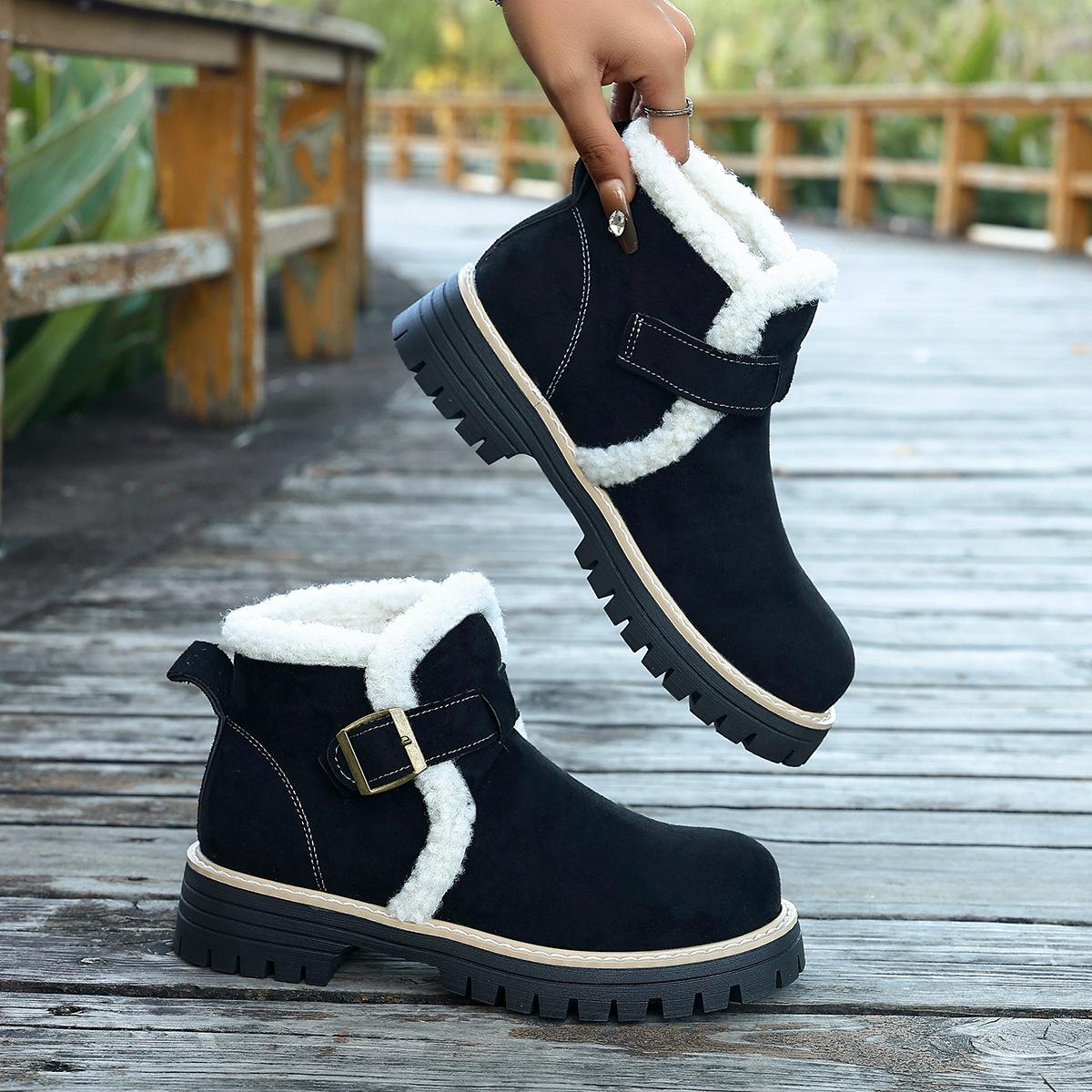 

Флисовая платформа Британский стиль большой размер хлопковая обувь женская 2025 зима новая теплая круглый носок пряжка волосатые ботильоны 43 чёрный