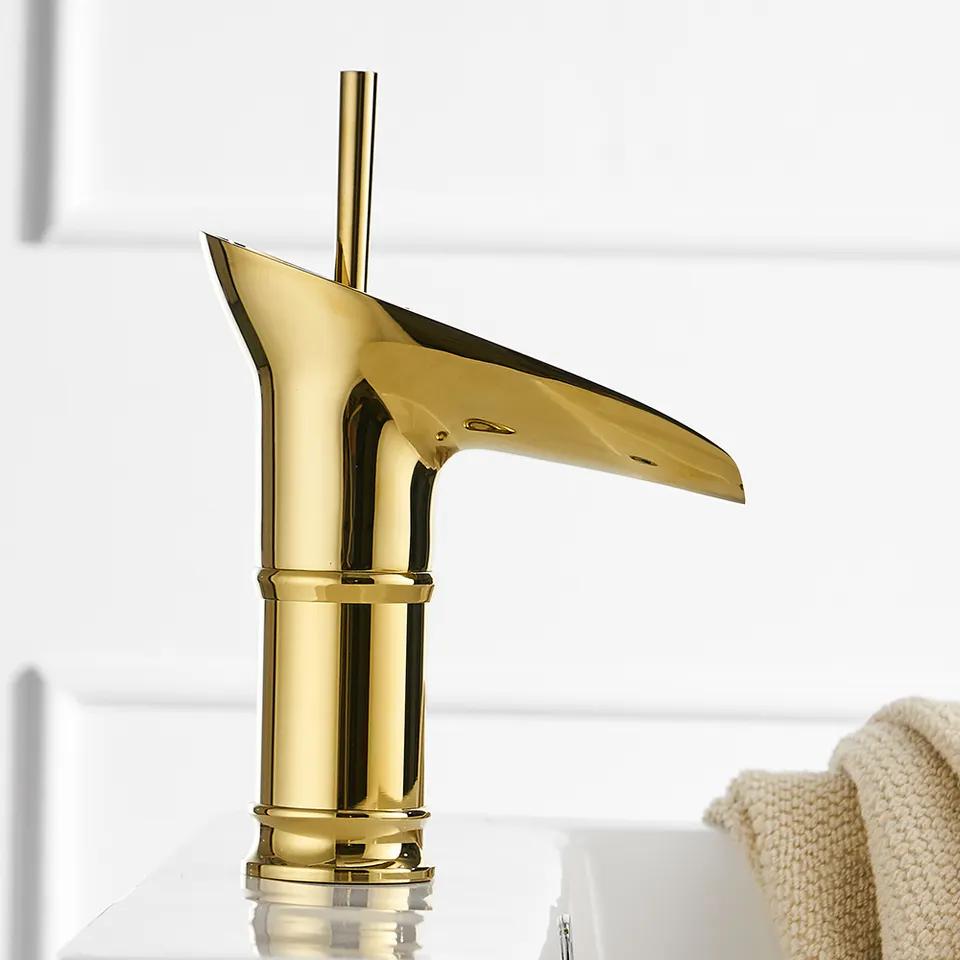 Hotel Modern Faucet Single Handle Waterfall Brass Sink Mixers Tap Hot & Cold Bathroom Faucets Lavatory Basin Faucets (Gold,Brass) золотой