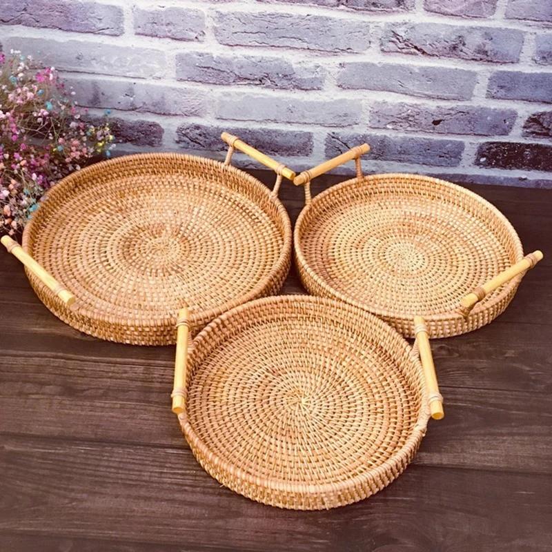 1Pc Woven Rattan Storage Basket With Strap Handle Round Tray For Bread Snacks Fruits Picnic - Home Organization Basket