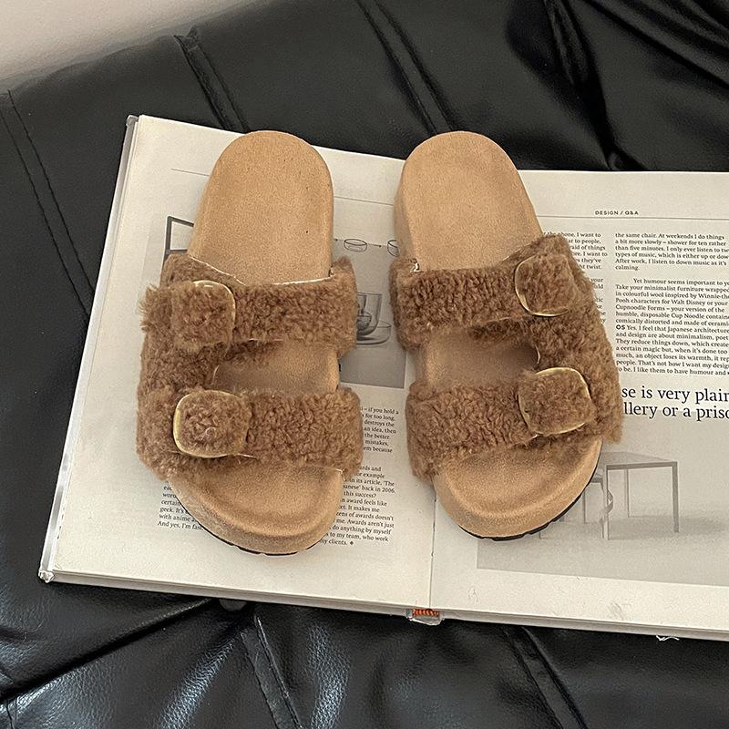 Piaohong versatile retro style buckle one-word fluffy slippers women's 2025 autumn and winter new outer wear home open-toed cotton shoes