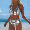 New European and American Tropical Printed Bikini Women's Split Swimsuit Sexy Suspender High Waist Beach Vacation Swimming