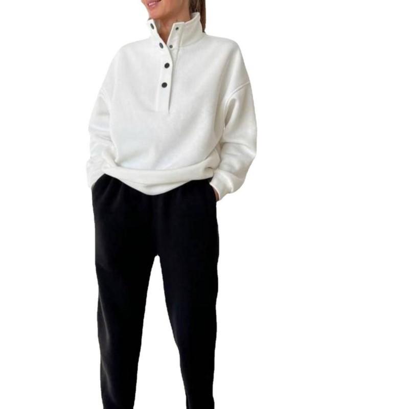 Heiße Mode Damenkleidung Modische Knöpfe Stehkragen Pullover Lockere Hosen