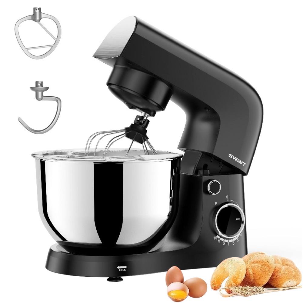 SVEWT 1500W Food Mixer, with 5.5QT Stainless Steel Bowl, Dough Hook, Beater and Whisk, 10 Speeds for Baking Mixing, Black - EU Plug