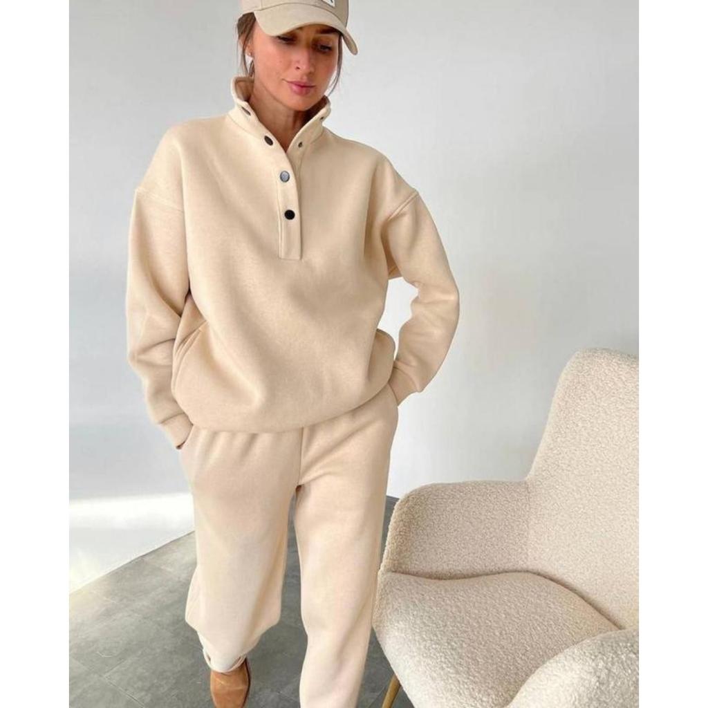 Spring and Autumn Women's Fashion Button Up Collar Hoodie Loose Pants, Hoodie Set