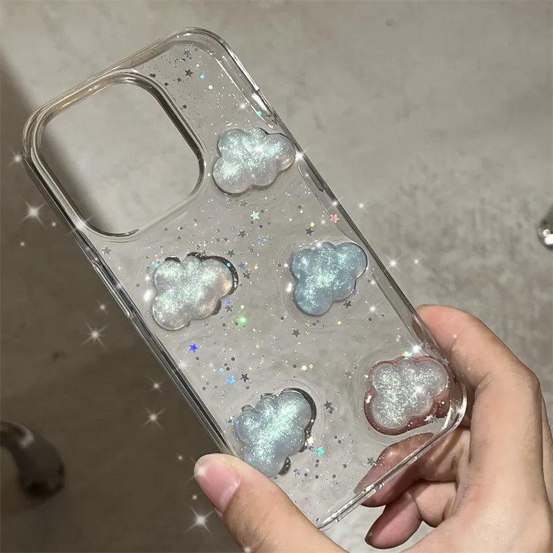 Husă pentru telefon cu sclipici Aurora Nori 3D Coreea pentru iPhone 14 13 12 11 Pro XS Max MiNi XR X Star Paiete Husă moale transparentă