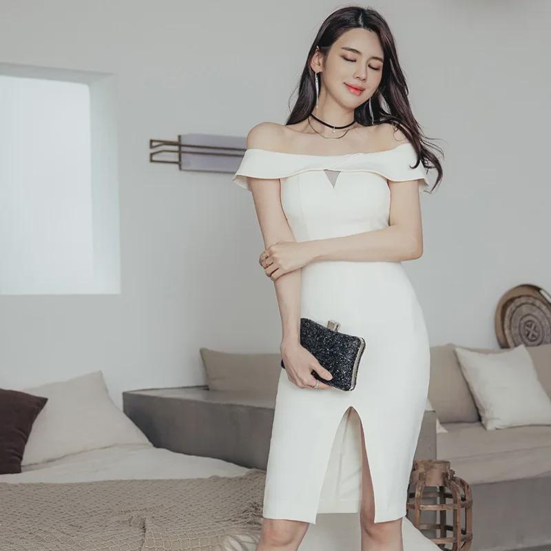 

2023 Korean Style Off-Shoulder Mesh Bodycon Dress Large