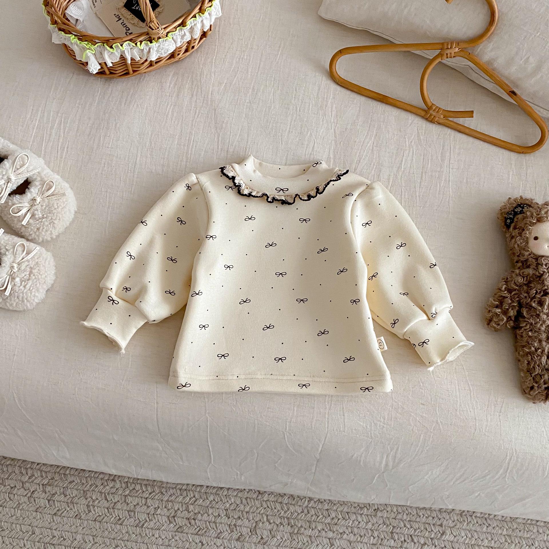 

2025 Girls Winter Lace Collar Top: Butterfly Knot, Trendy Korean Style, Thick Inner Layer 120