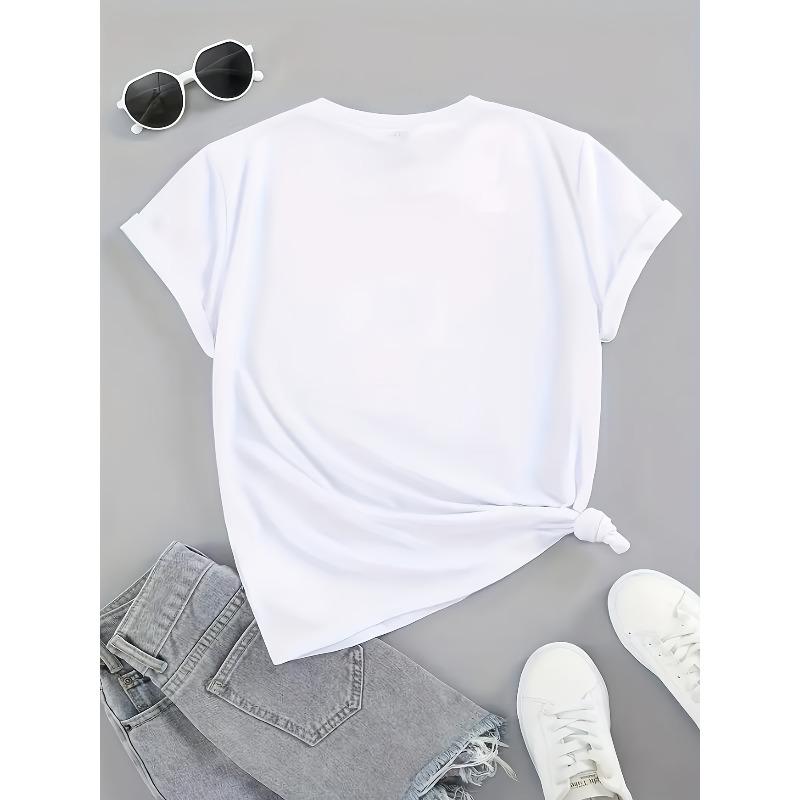 European Size Women's Patriotic American Flag Print T-Shirt - Stretchy Polyester Blend Casual Short Sleeve Top with "America The Beautiful" Graphic