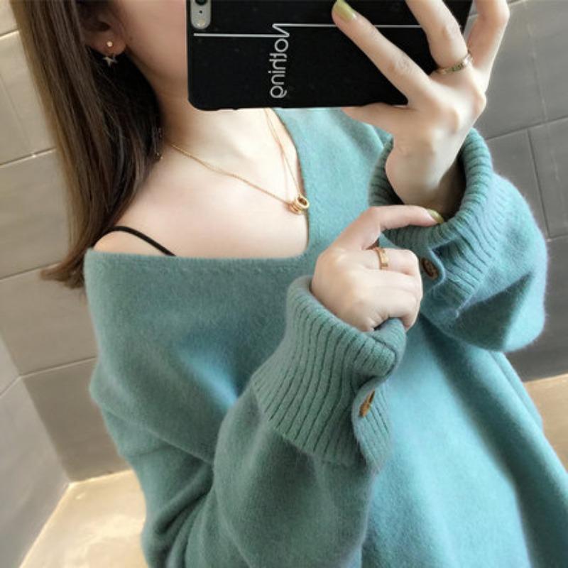 Autumn New Long Sleeve V Neck Women's Knitted Sweater Fashion Casual Loose Solid Winter Sweaters Women Soft Warm Elegant Ladies Knitwear Jumpers 25524