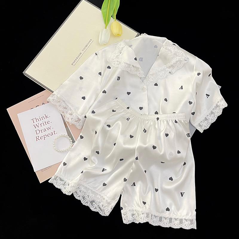 Summer Lace French Polka Dot Age-Reducing Girl Pajamas Short-Sleeved Set Cardigan Ice Silk Loungewear
