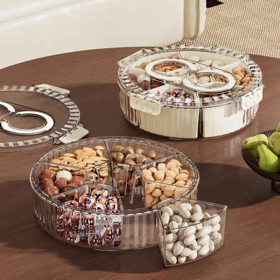 Refrigerator Storage Box with 6/7 Dividers Sealing Lid 360-Degree Rotating Tray Vegetables Shrimp Cocktails Party Appetizers Organizer