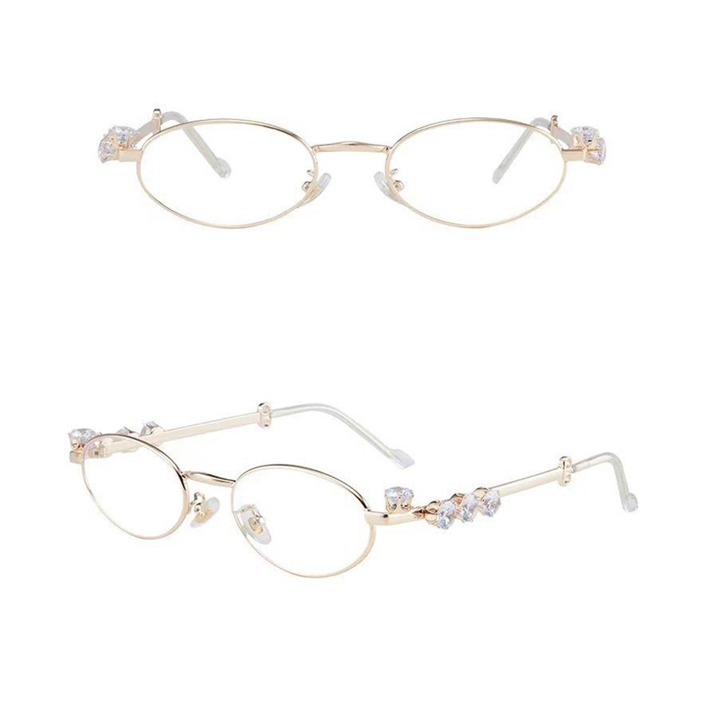 Elegant Metal Frame Oval Glasses with Sparkling Rhinestone Decorated Plano Glasses