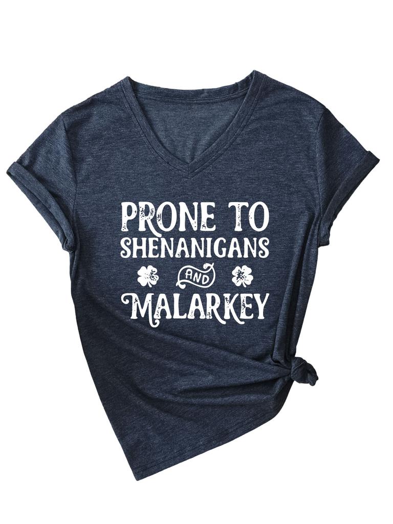 Fashionable and Versatile Prone To Shenanigans Printed Top V-neck Short Sleeved Women's T-shirts