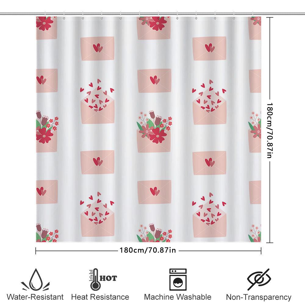 Romantic Pink Envelope Shower Curtain With Red Hearts Floral Design For Bathroom Decor 180X240Cm