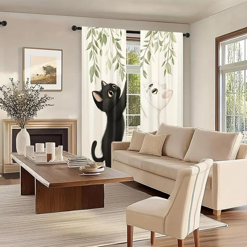 Set Of 2 Cat Print Curtains Pole Bag Bedroom Living Room Home Decoration Elegant Made Polyester Great Window Treatment