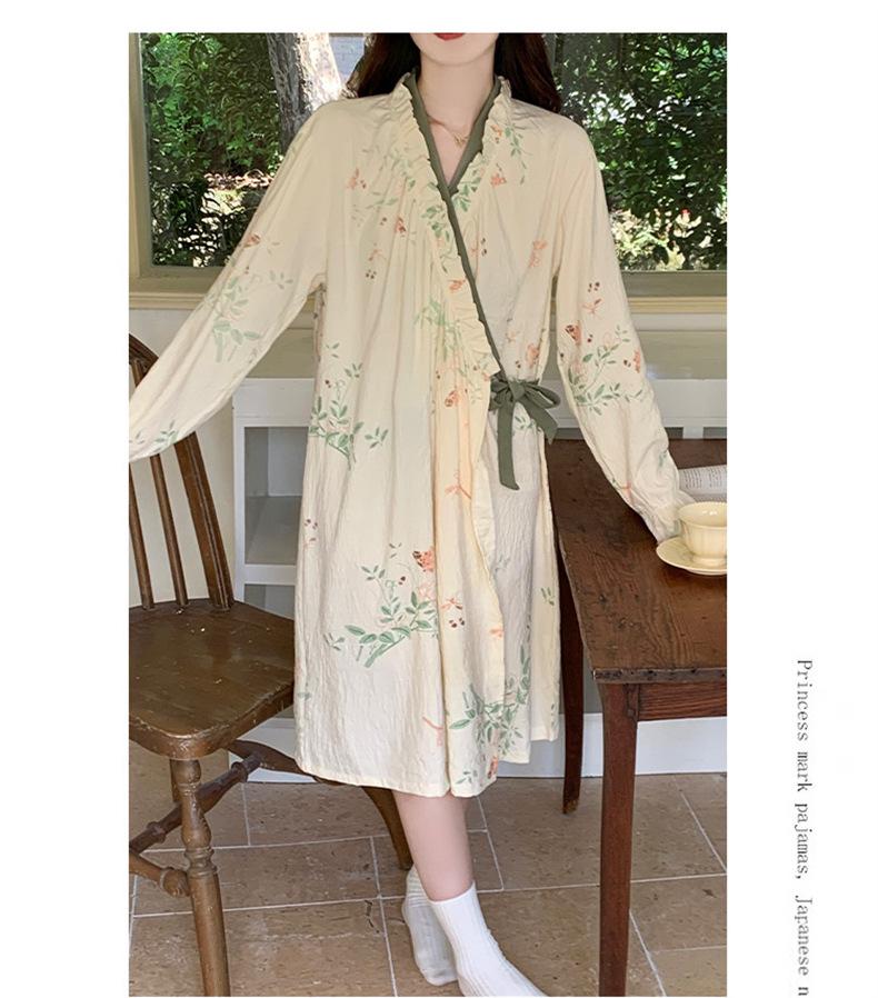 Women's Long Sleeve Kimono Pajama Dress - Sweet Chinese Pastoral Style for Spring & Autumn, Mid-Length, Loose Fit, Outdoor Wear